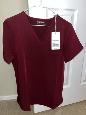 Mandala Women's Scrubs V-Neck Short Sleeve Top in Wine and Slim Pants